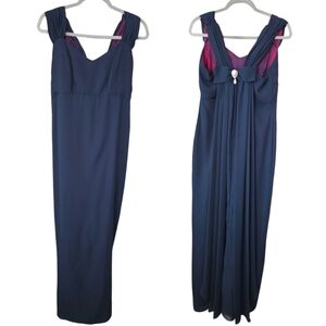Vintage Empire Waist Line Navy Blue V-Neck Flowy Maxi  Gown With Bow  Size M